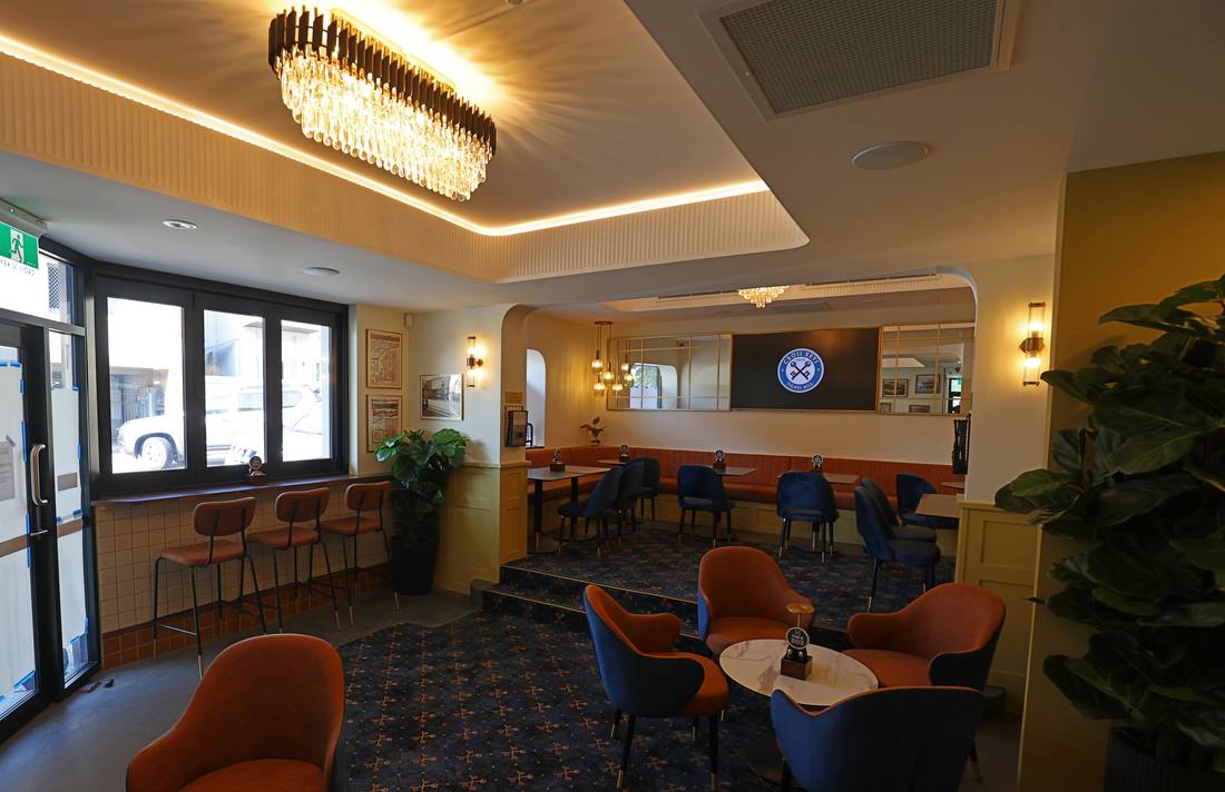 Cross Keys Hotel lounge area with patterned carpet